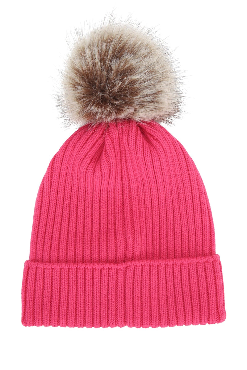 Moncler Jr Hat Fur-Pom Cotton Beanie — Pink Beanies