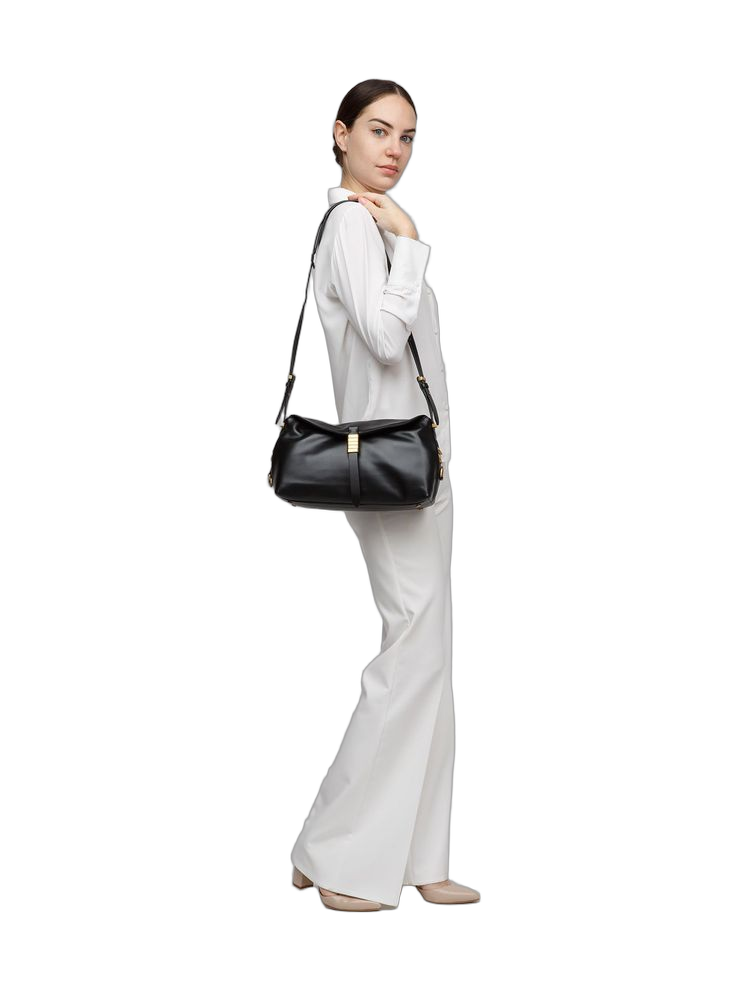 Pinko Saddle Horizontal Shoulder Bag — Black Goat Leather