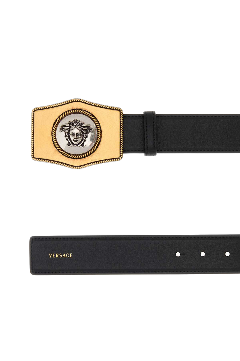 Versace Medusa Head Leather Plate Buckle Belt — Black Exterior