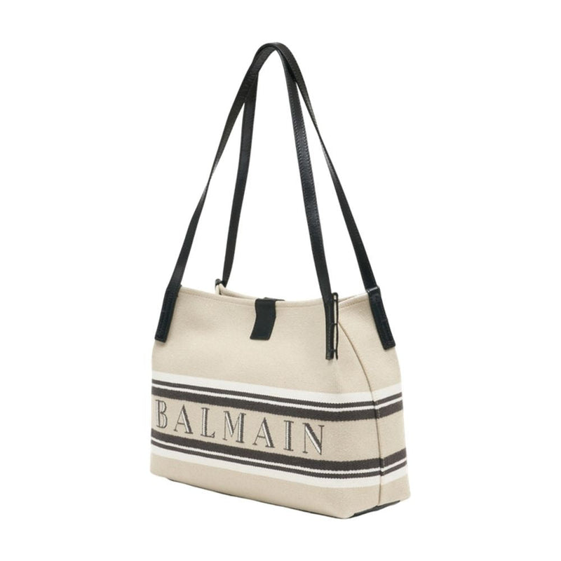 Balmain Canvas Striped Shoulder Bag — Beige