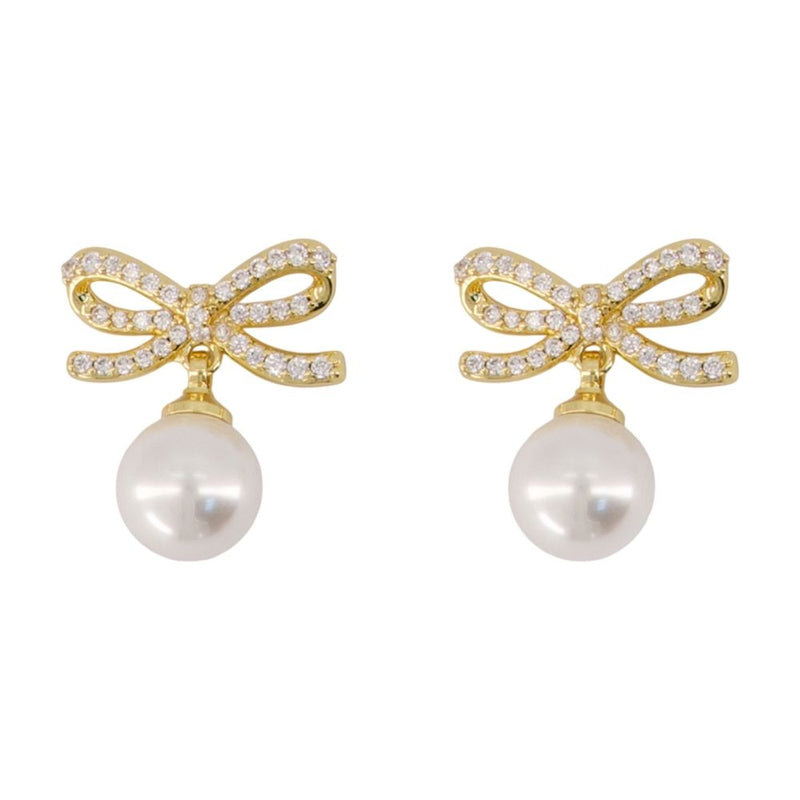 Self-Portrait Bow Pearl Earrings — Gold Metal