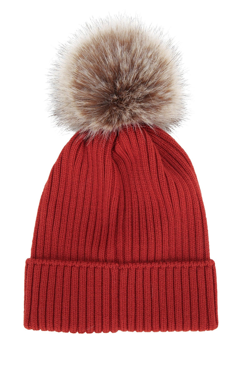 Moncler Jr Hat Ribbed Wool With Fur Pom Beanie — Red Beanies