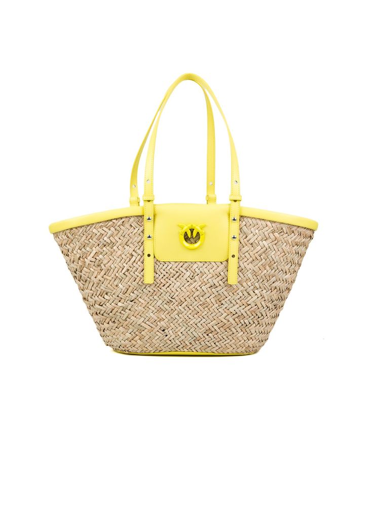 Pinko Raffia And Leather Tote Bag — Yellow Cow