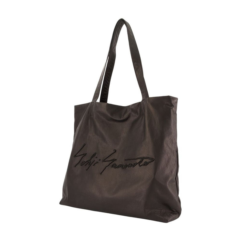 Yohji Yamamoto Signature Script Leather Tote Bag — Black Cowhide