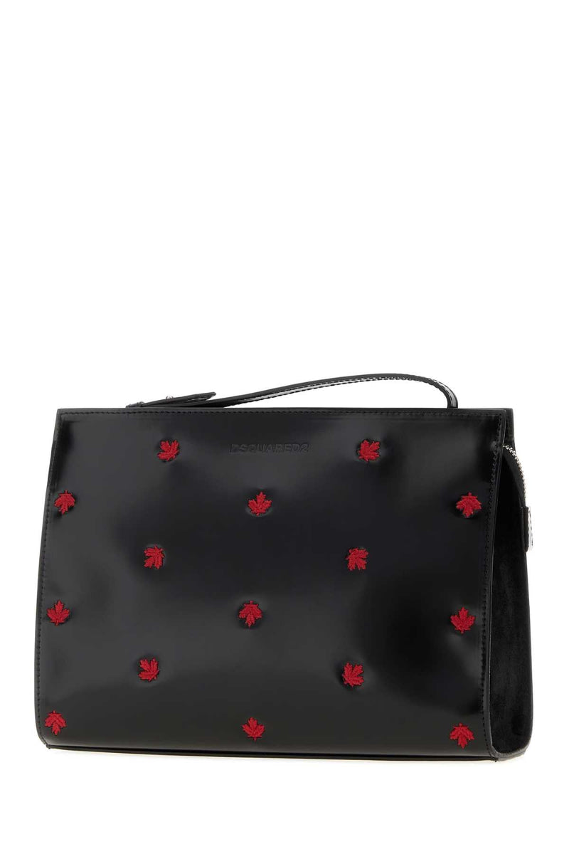 Dsquared2 Red Maple Leaf-Embroidered Clutch — Black