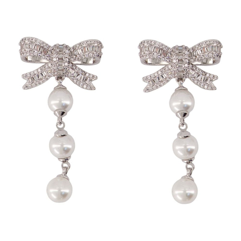 Self-Portrait Bow And Pearl Drop Earrings — Silver Pearls