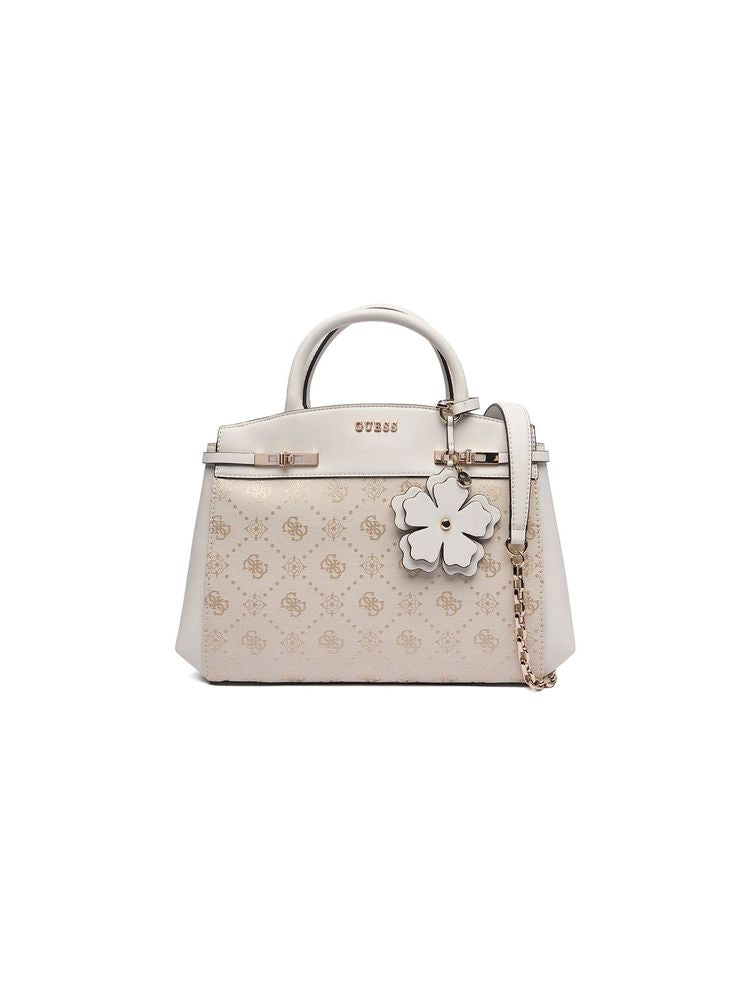 Guess Logo-Jacquard Polyester Top Handle Bag — White
