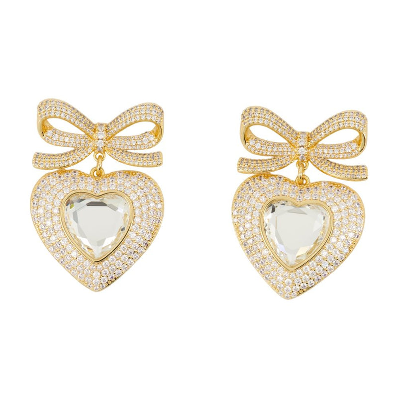 Self-Portrait Bow Crystal Heart Earrings — Gold Metal