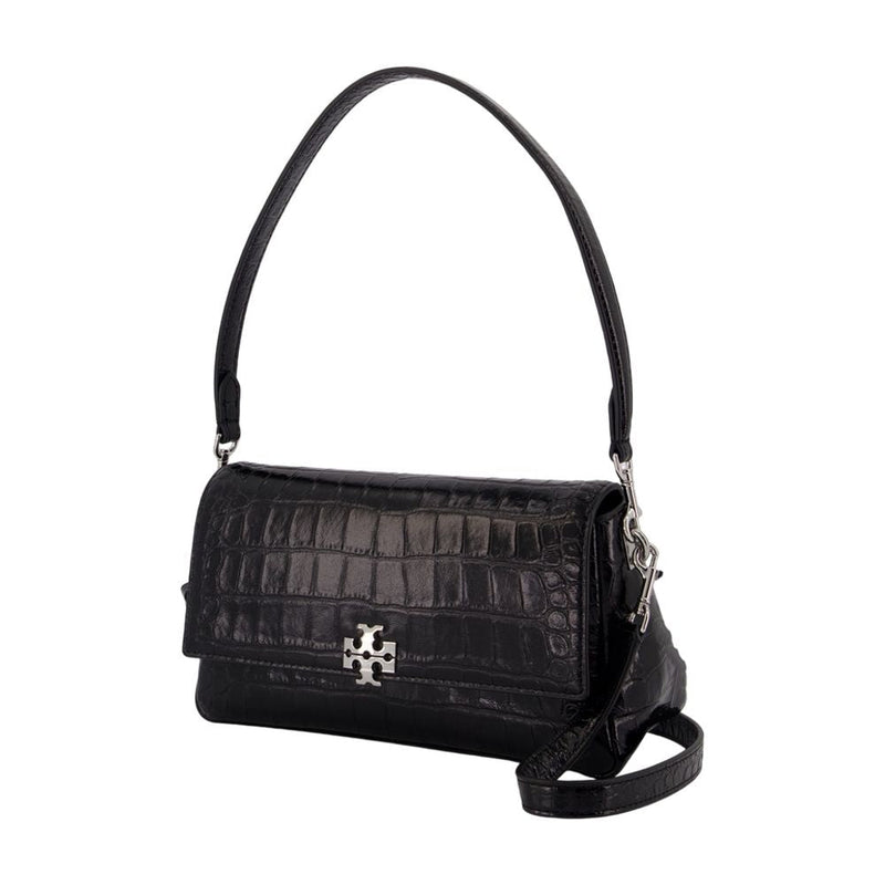 Tory Burch Crocodile-Embossed Calfskin Shoulder Bag — Black