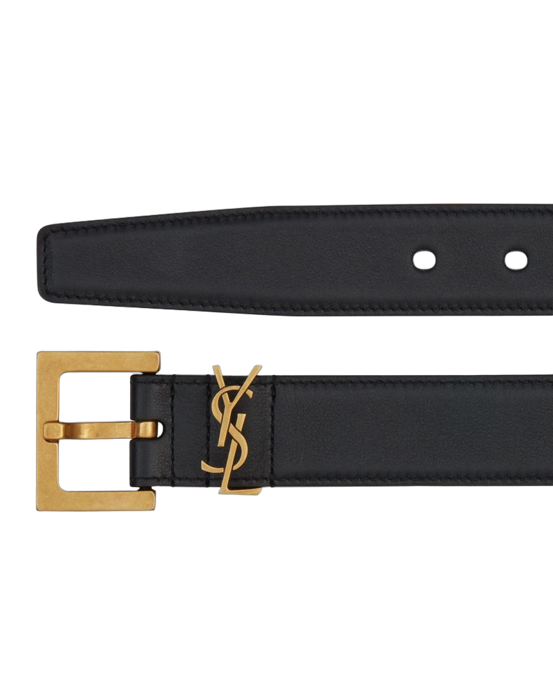 Saint Laurent Cassandre Square Buckle Belt — Black Calfskin Leather