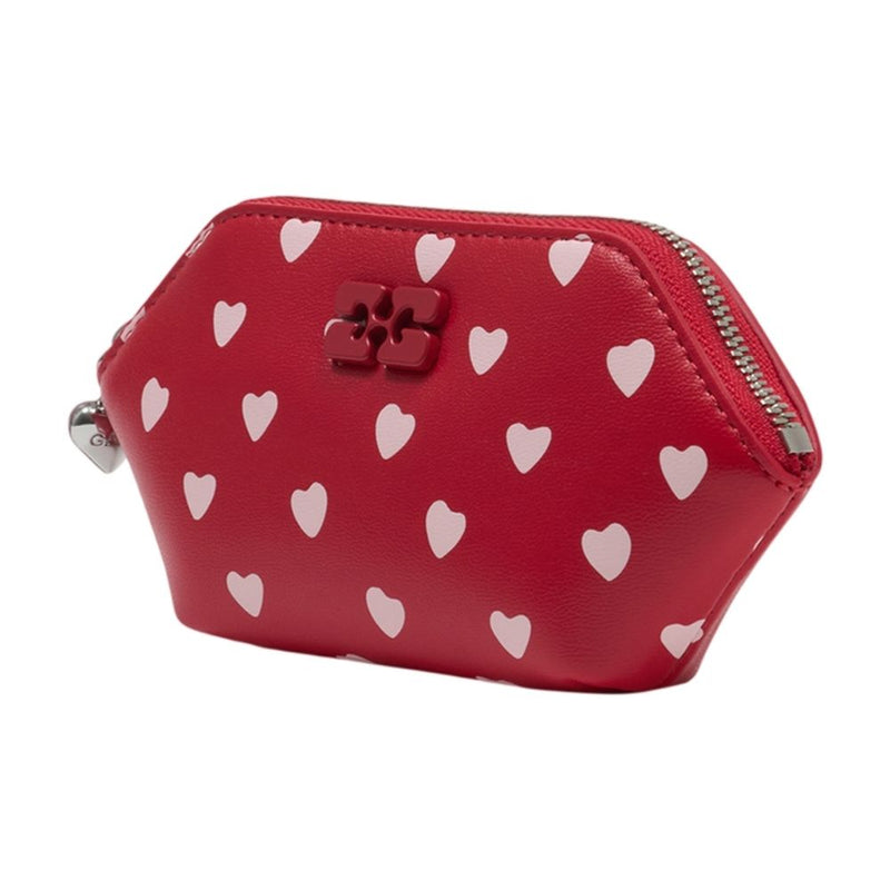 Ganni Heart-Embroidered Lambskin Coin Purse — Red Purses