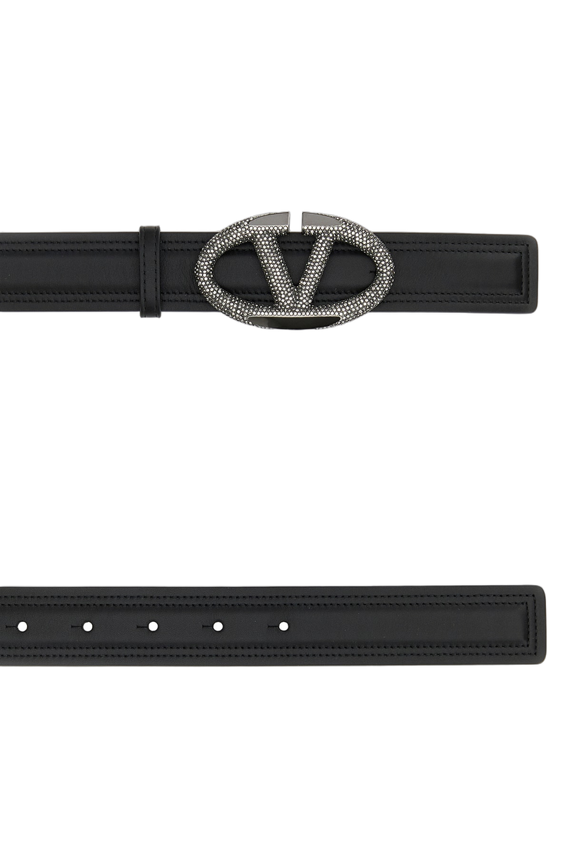Valentino Garavani Crystal-Embellished Vlogo Buckle Belt — Black Neroblackdiamond Calfleatherbostaurus