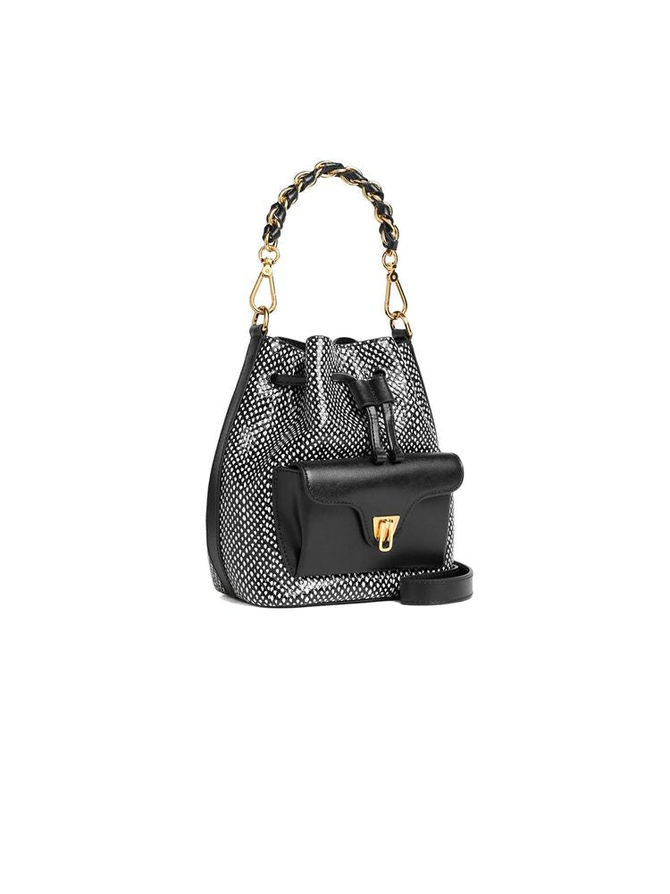 Coccinelle Elaphe-Printed Leather Shoulder Bag — Black Calf Split