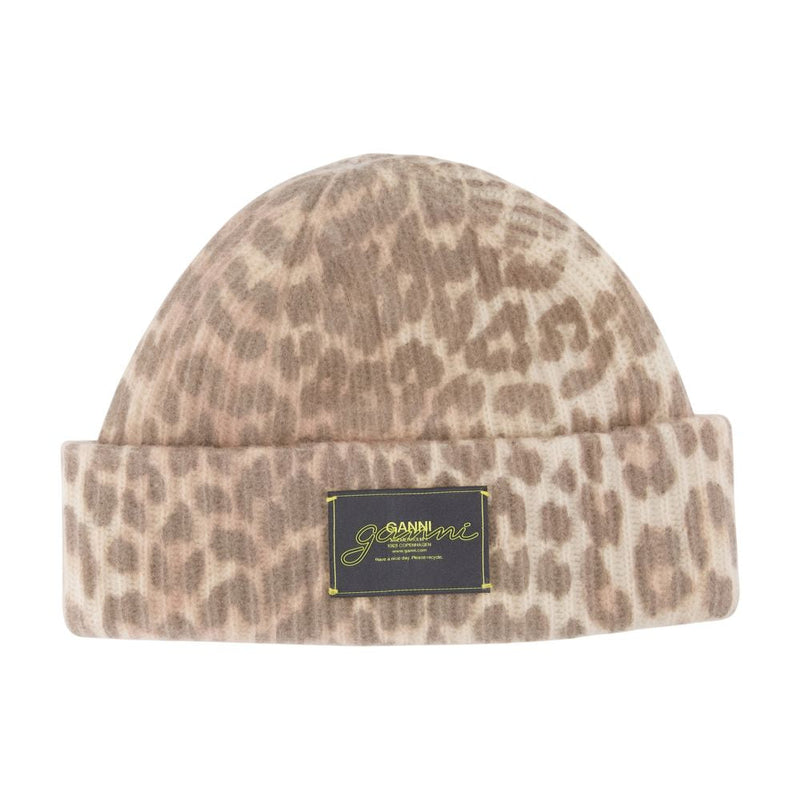 Ganni A6658-943 Graphic Leopard Wool Beanie — Brown Beanies
