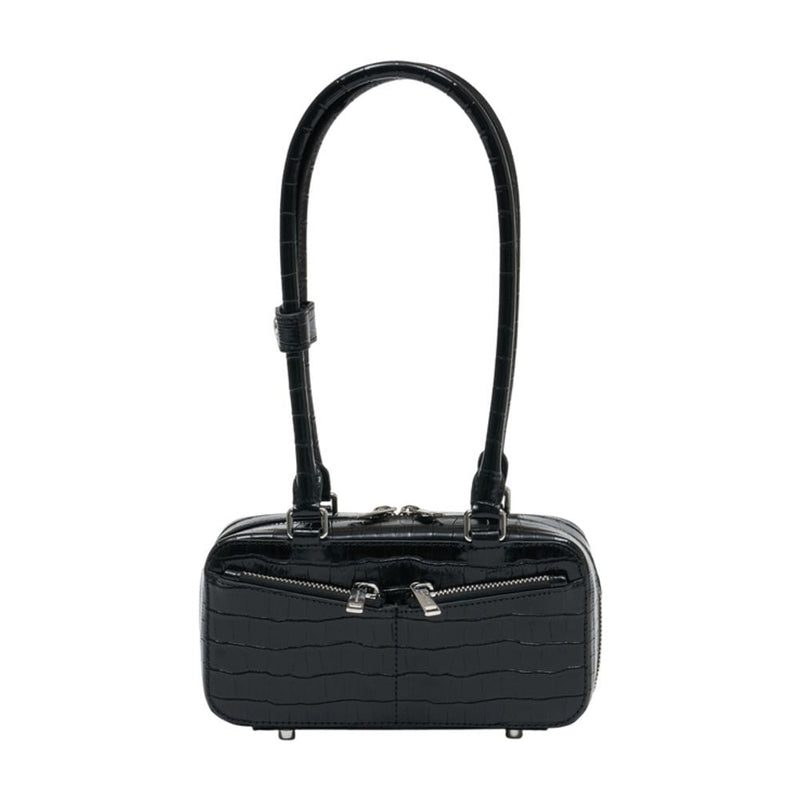 Self-Portrait Crocodile-Embossed Leather Shoulder Bag — Black