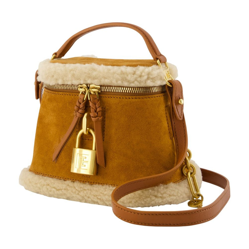 Balmain Shearling-Trimmed Calfskin Top Handle Bag — Khaki