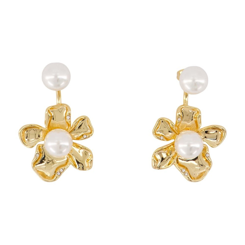 Self-Portrait Flower Pearl Jacket Earrings — Gold Metal