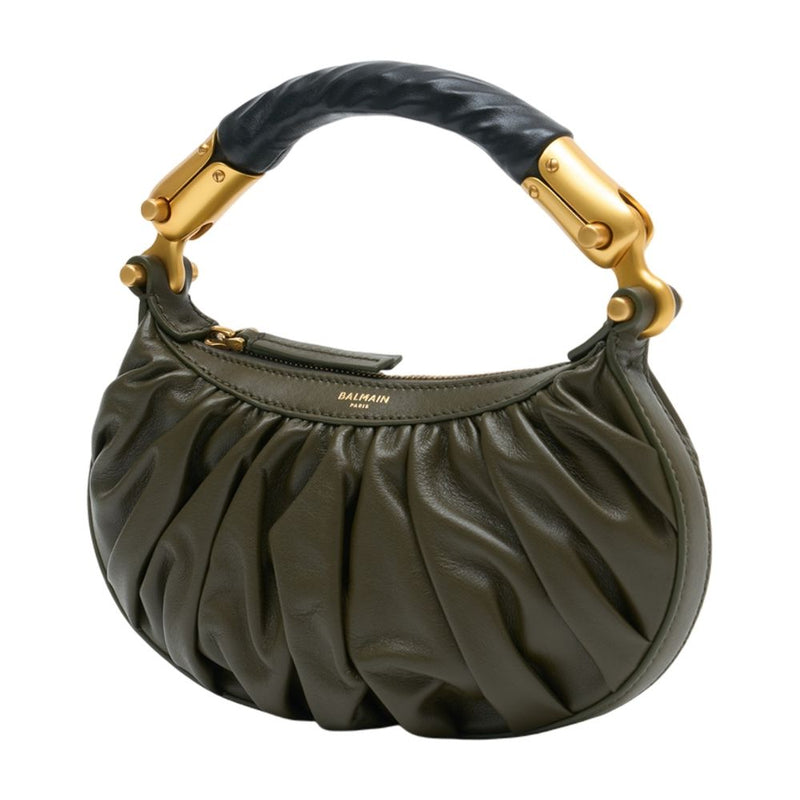 Balmain Gathered Crescent Mini Bag — Green Calfskin