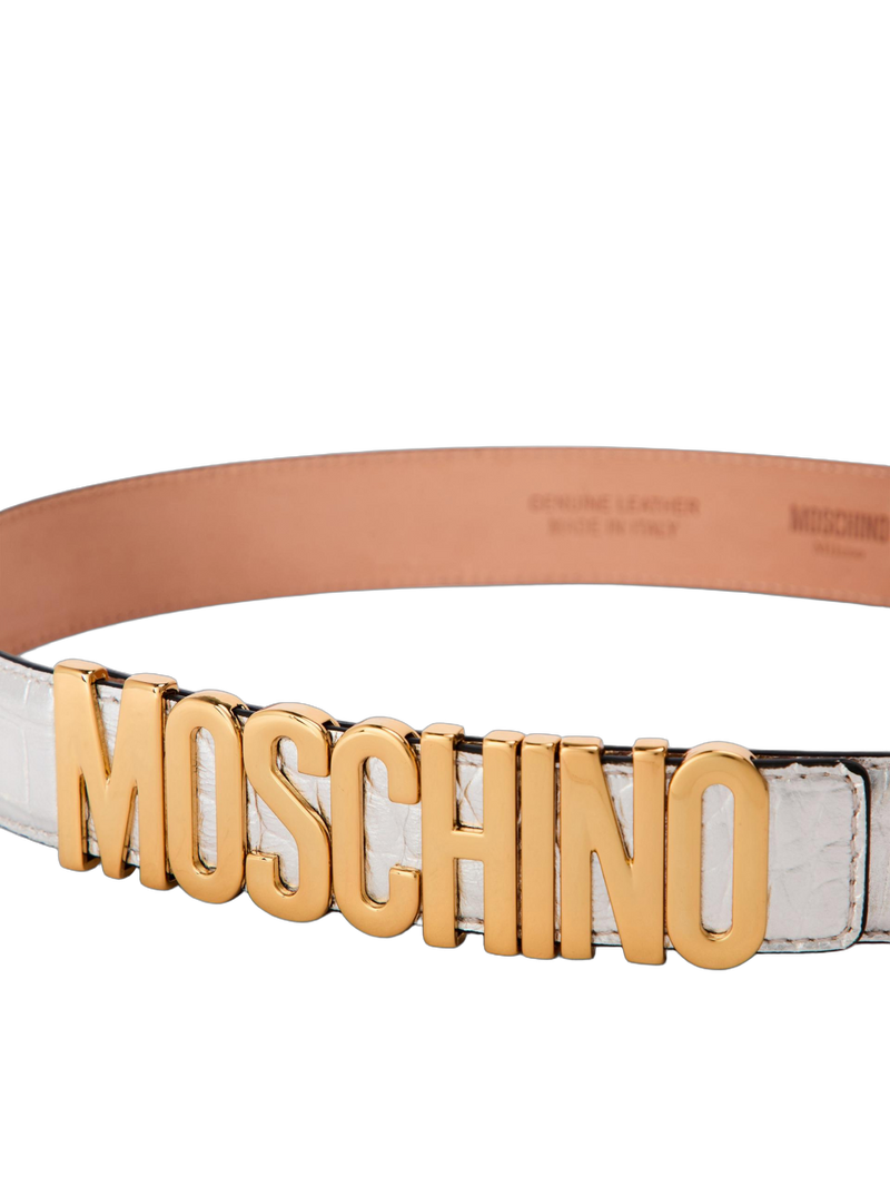 Moschino Logo Lettering Buckle Belt — Silver Leather