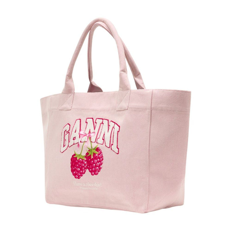 Ganni Logo-Embroidered Cotton Tote Bag — Pink