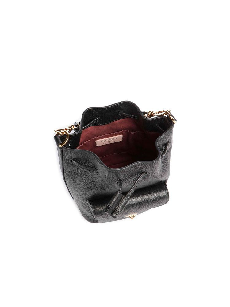 Coccinelle Pebbled Leather Bucket Bag — Black Genuine