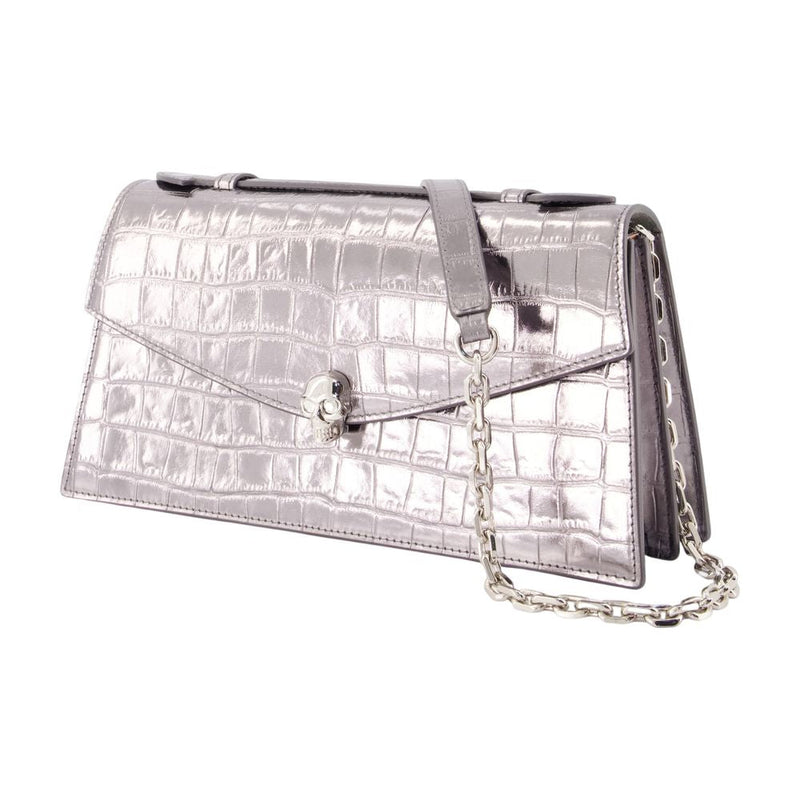 Alexander Mcqueen Crocodile-Embossed Calfskin Clutch — Silver