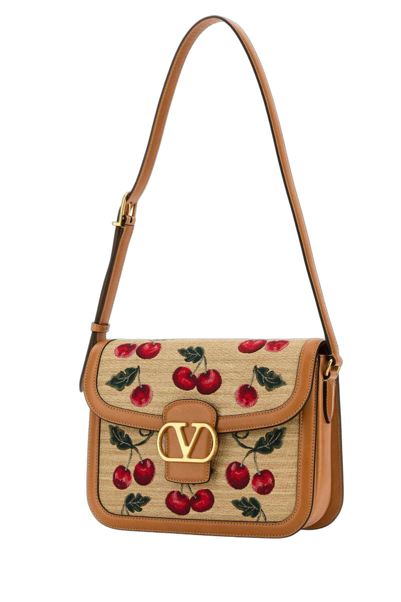 Valentino Garavani Cherry-Embroidered Raffia Shoulder Bag — Beige
