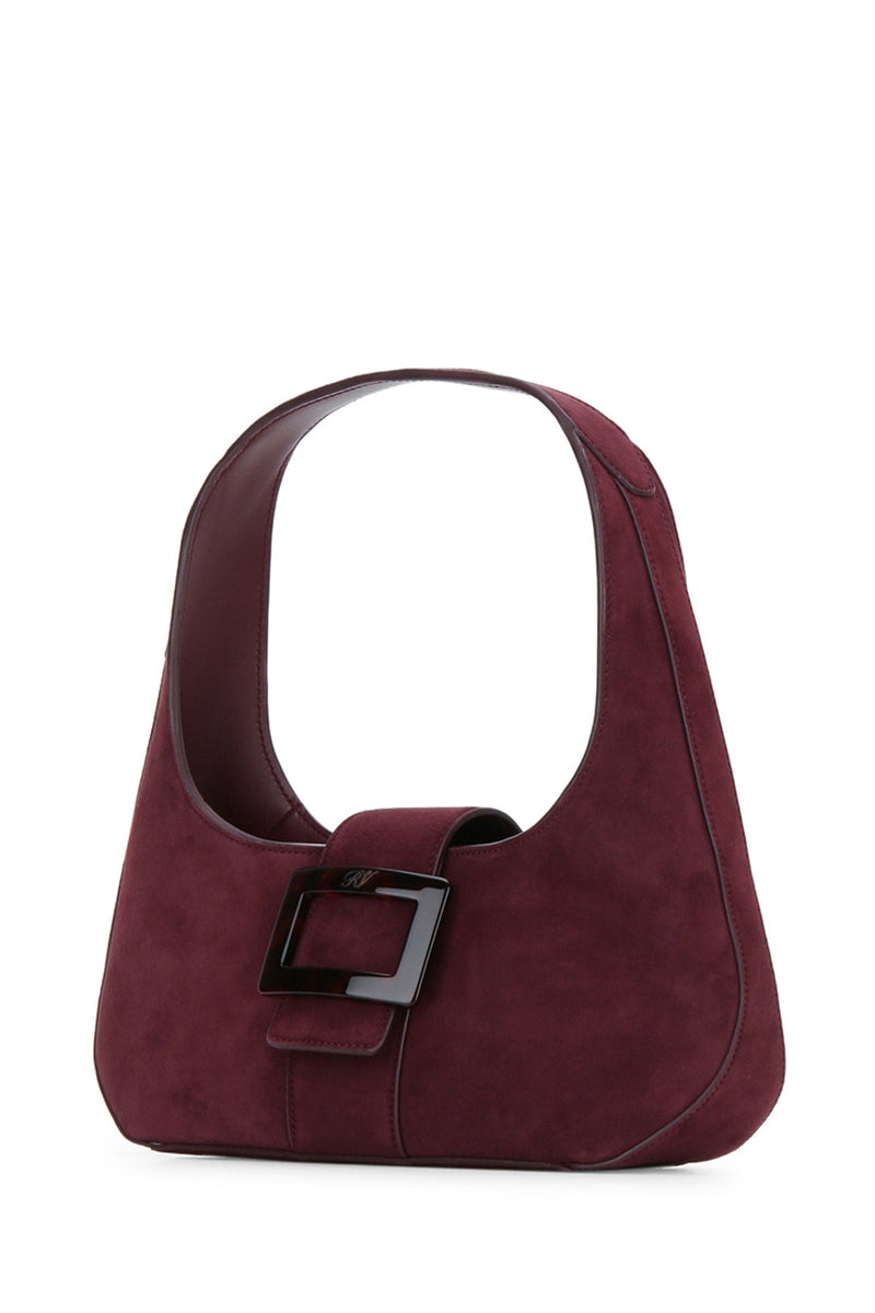 Roger Vivier Suede Buckle-Front Shoulder Bag — Burgundy