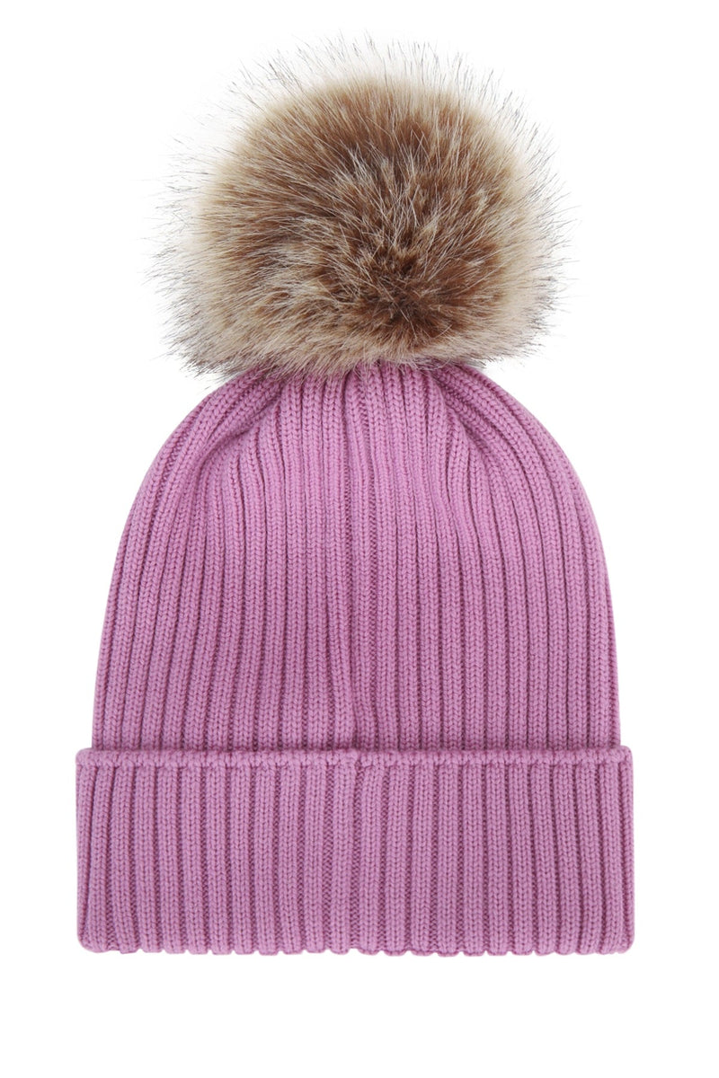 Moncler Jr Hat Ribbed Knit With Fur Pompom Winter — Purple Mixed Fibres
