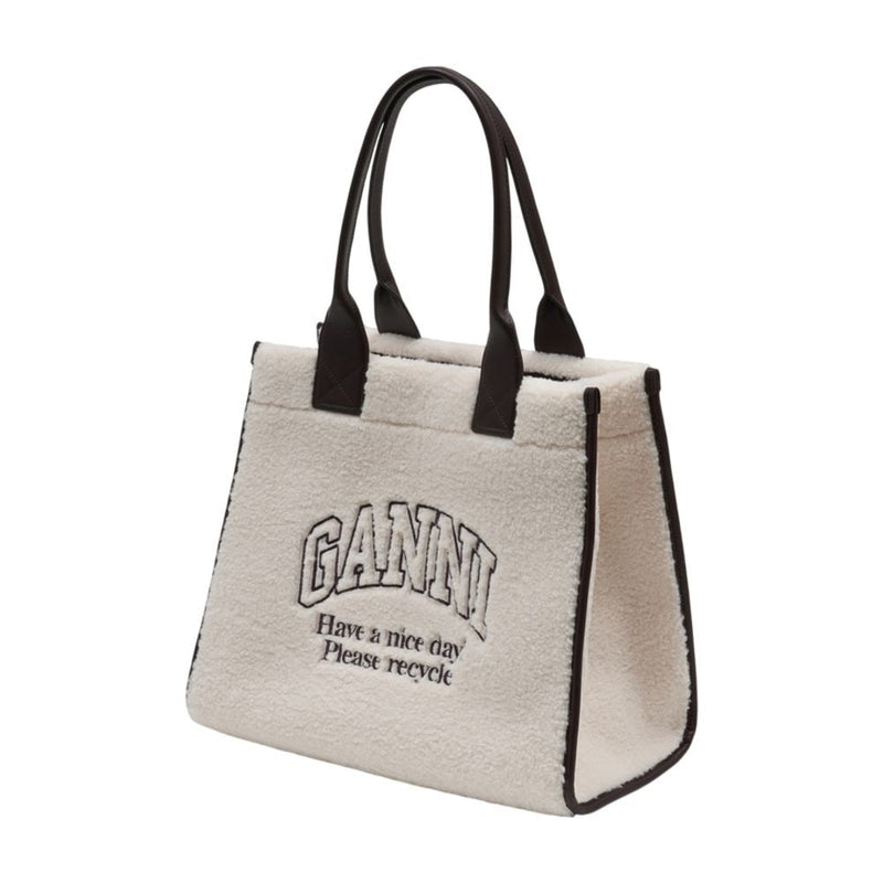 Ganni Shearling-Textured Embroidered Tote Bag — White Synthetic