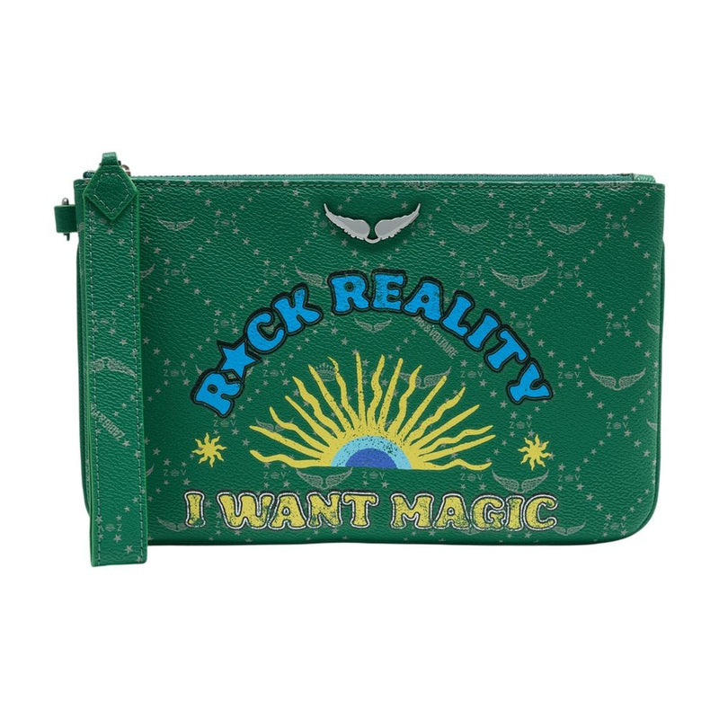 Zadig & Voltaire Logo-Embroidered Textile Clutch — Green Synthetic Wallet