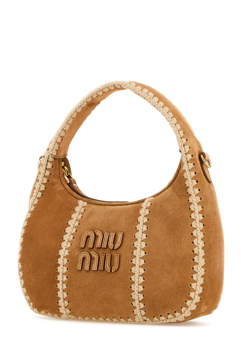 Miu Miu Whipstitched Suede Shoulder Bag — Beige