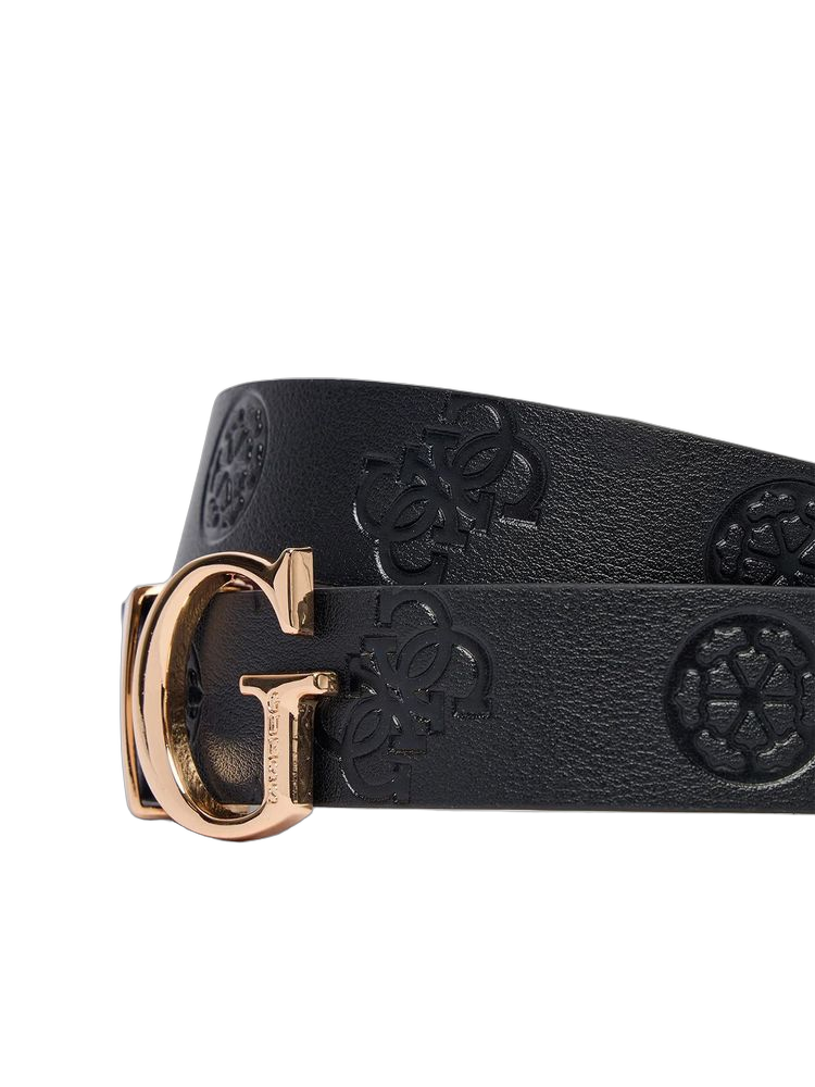 Guess Embossed Leather G-Buckle Belt — Burgundy Polyester