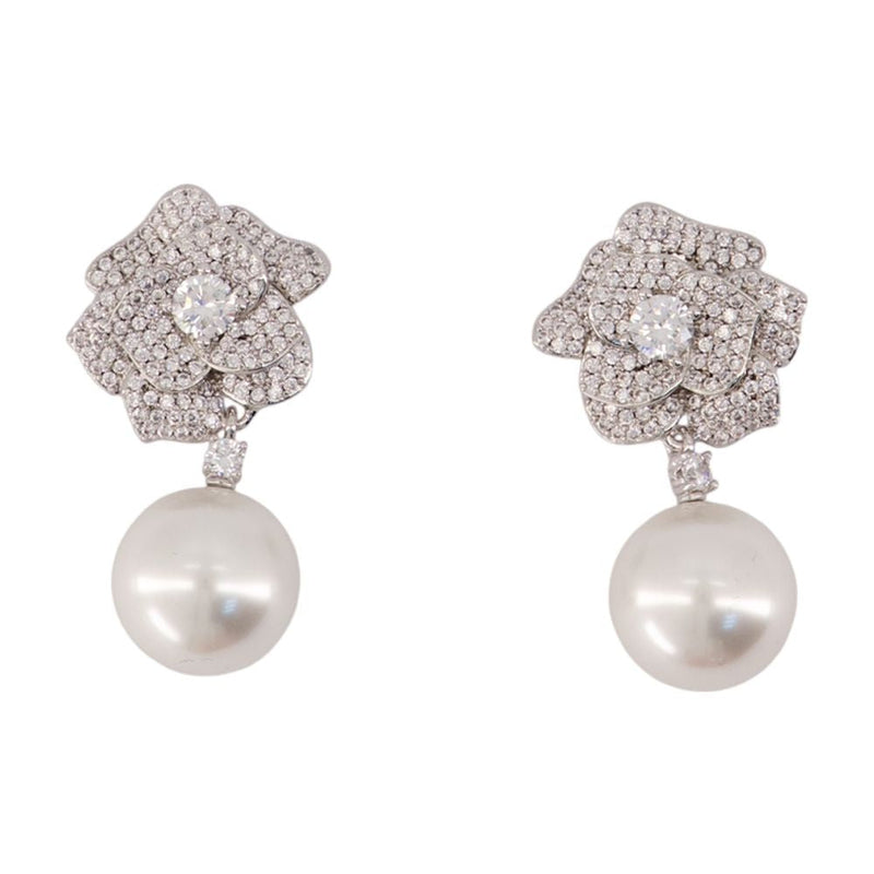 Self-Portrait Crystal Flower Pearl Earrings — Silver