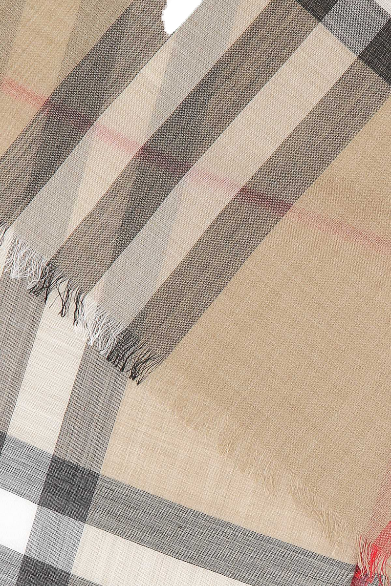 Burberry Wool-Silk Blend Check Scarf — Beige Wool Mulberry Silk Scarfs