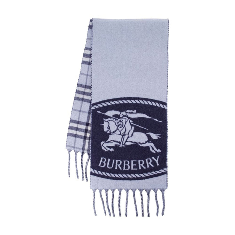 Burberry Logo-Embroidered Knight Cashmere Scarf — Blue Scarfs