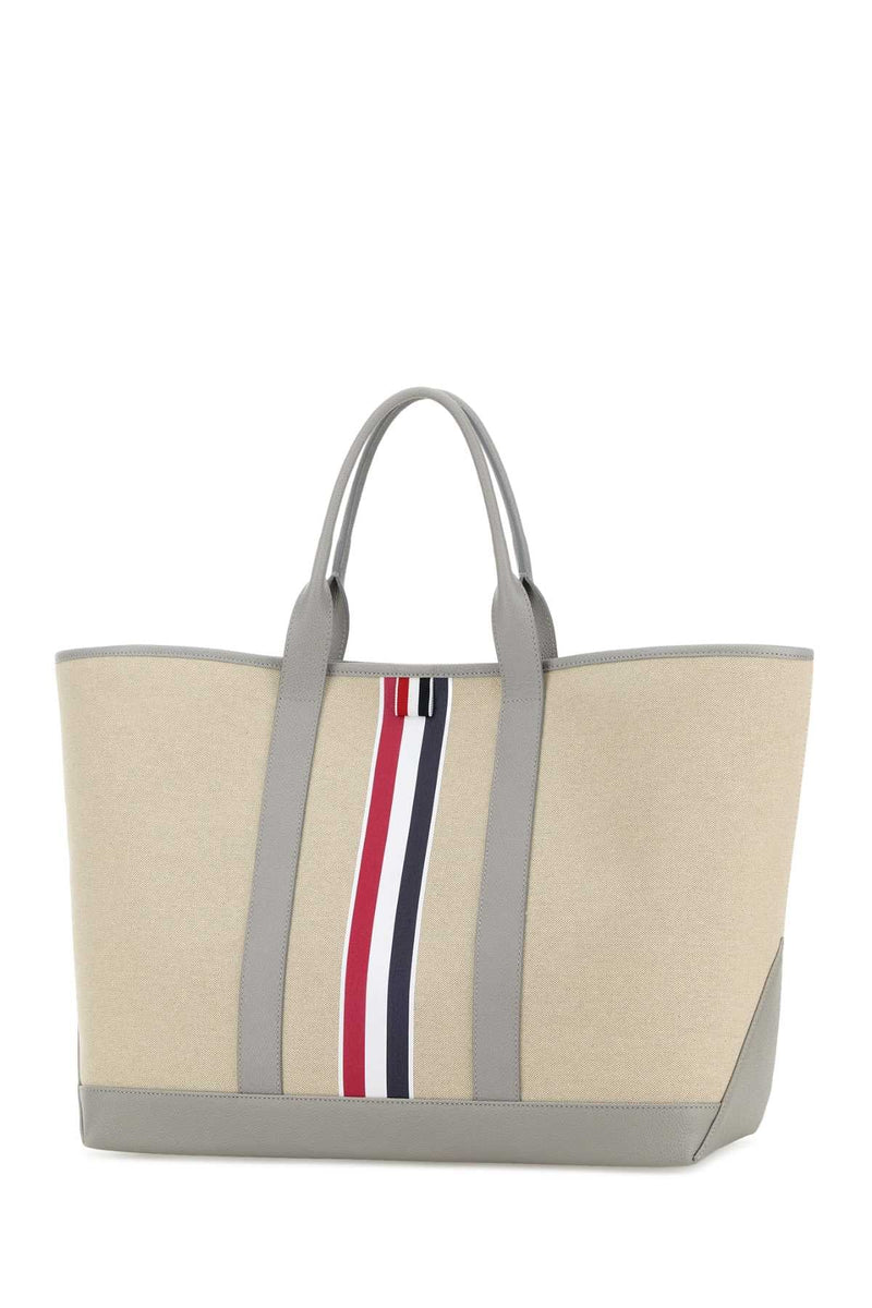 Thom Browne Striped Canvas Tote Bag — Beige