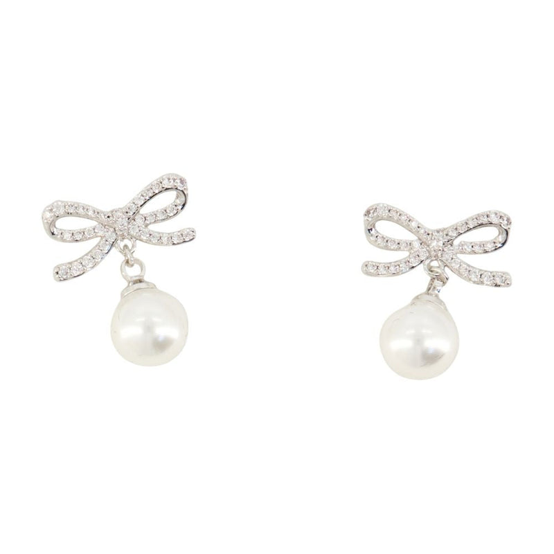 Self-Portrait Bow And Pearl Drop Earrings — Silver White Gold-plated Metal
