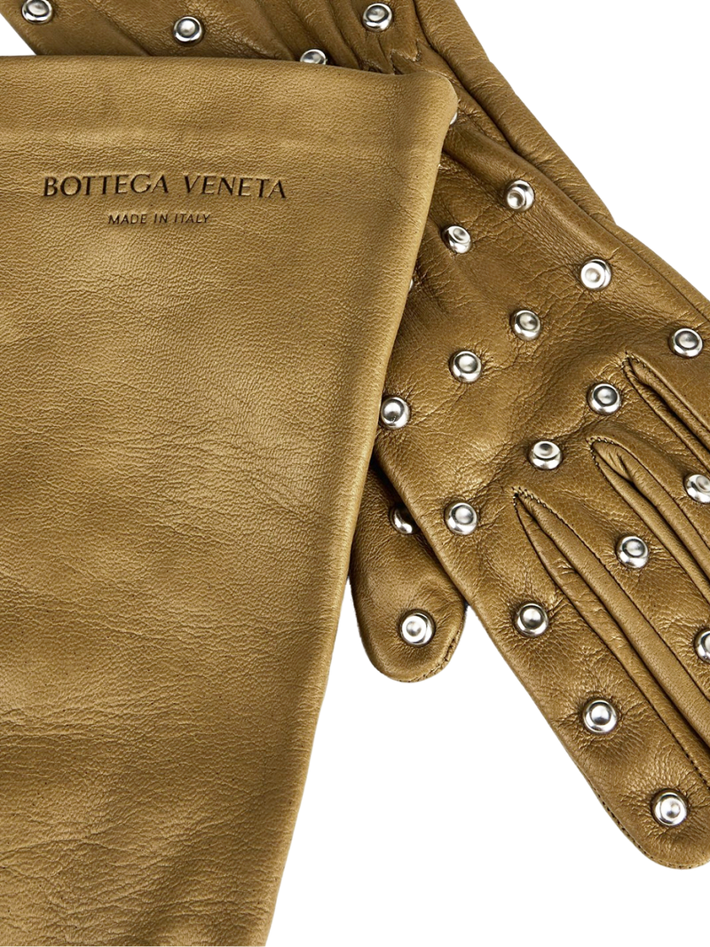 Bottega Veneta Leather With Embossed Logo Gloves — Gold