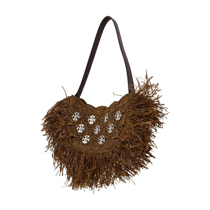 Rabanne Raffia Fringe Shoulder Bag — Brown