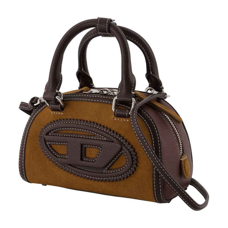 Diesel Dome Silhouette With Oval Logo Plaque Top Handle Bag — Brown Faux_leather