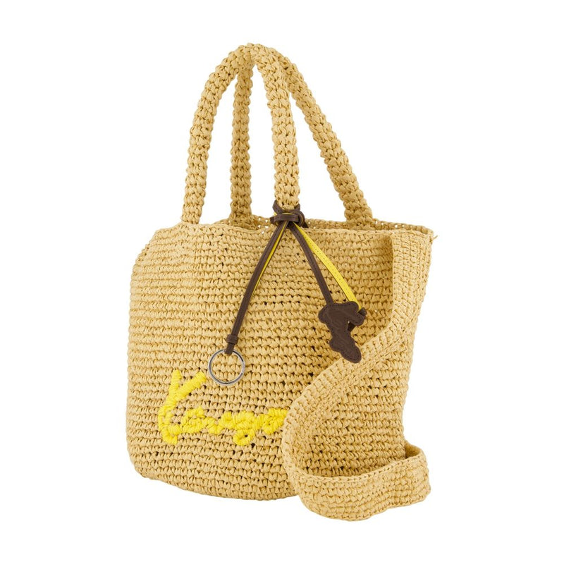 Kenzo Embroidered Logo Raffia Crossbody Bag — Beige