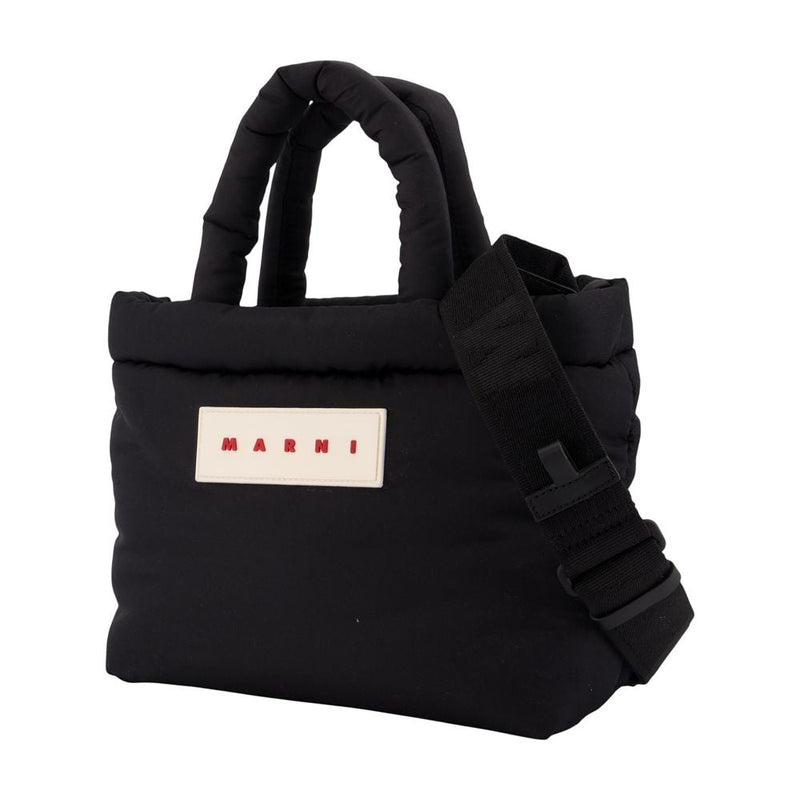 Marni Puffy Nylon Logo-Patch Top Handle Bag — Black Synthetic