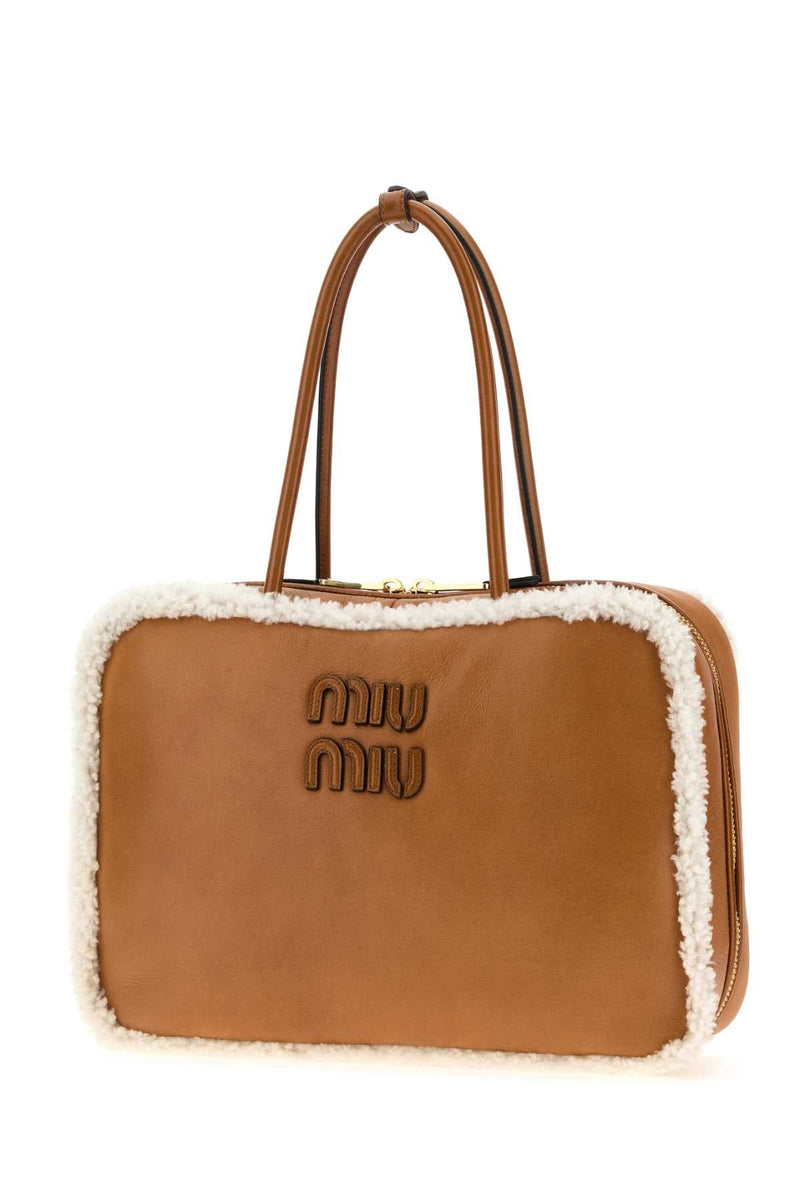 Miu Miu Sheepskin-Trimmed Leather Shoulder Bag — Brown Ovisariesaries