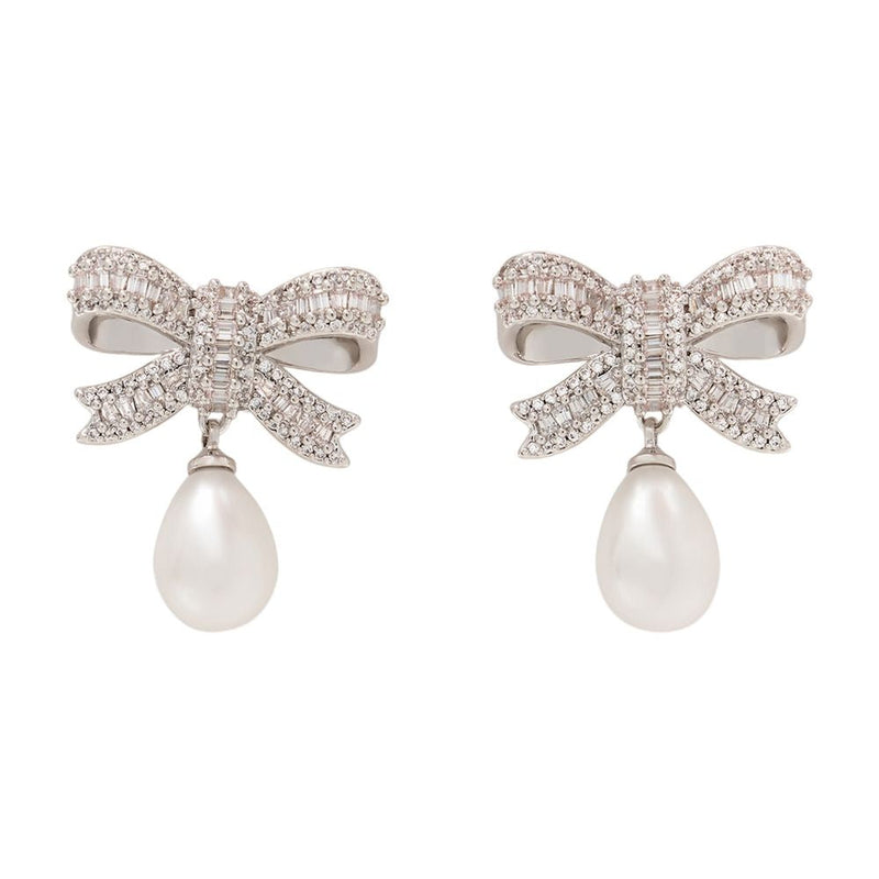 Self-Portrait Crystal Bow Pearl Drop Earrings — Silver Metal