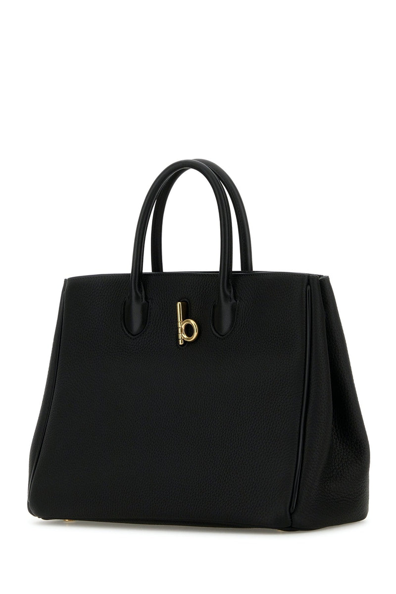 Burberry Pebbled Calf Leather Top Handle Bag — Black
