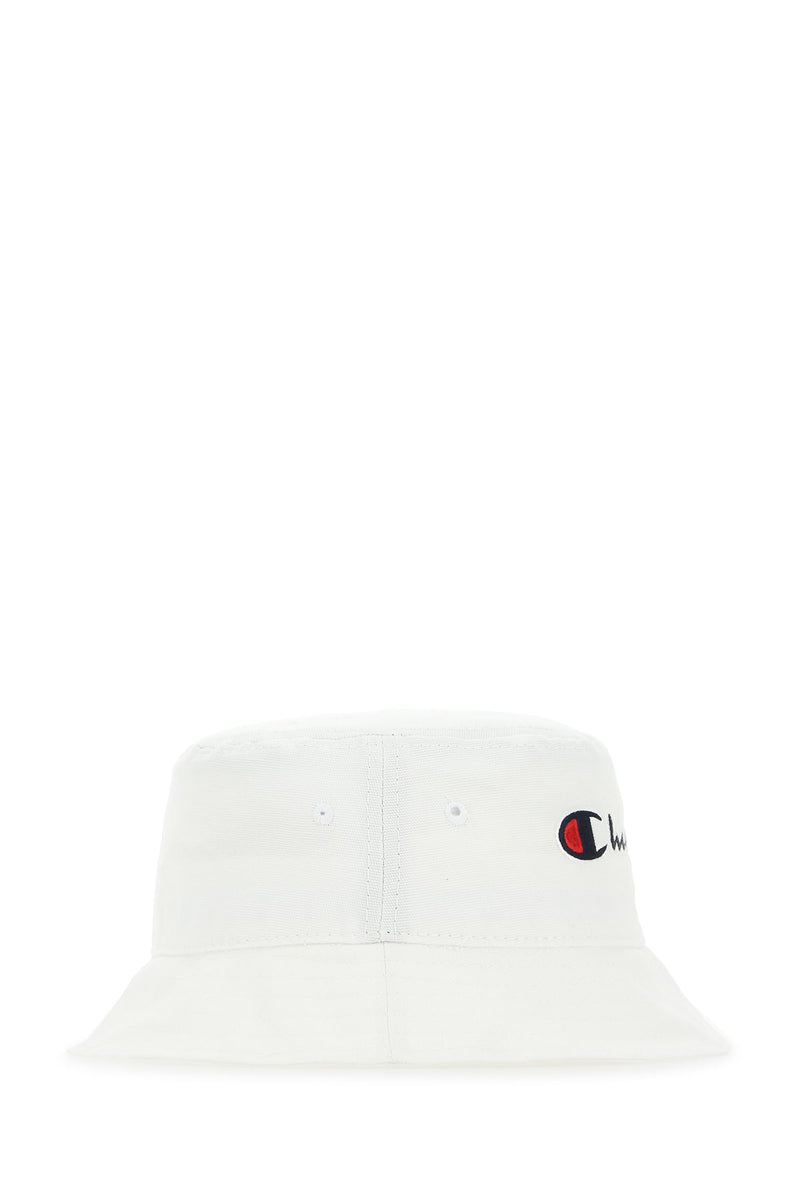 Champion Embroidered Logo Cotton Bucket Hat — White Exterior