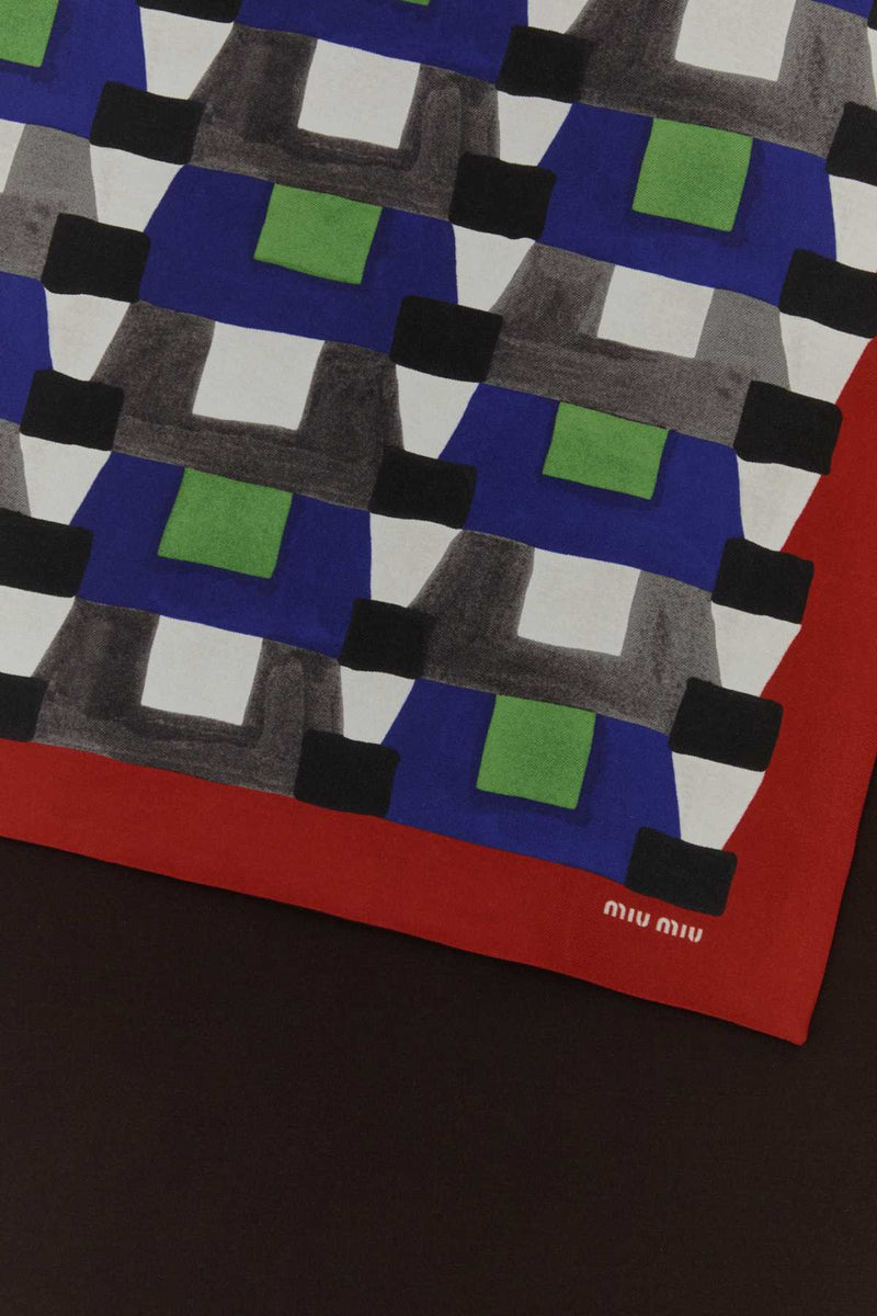 Miu Miu Geometric-Printed Silk Scarf — Blue Exterior: Scarfs