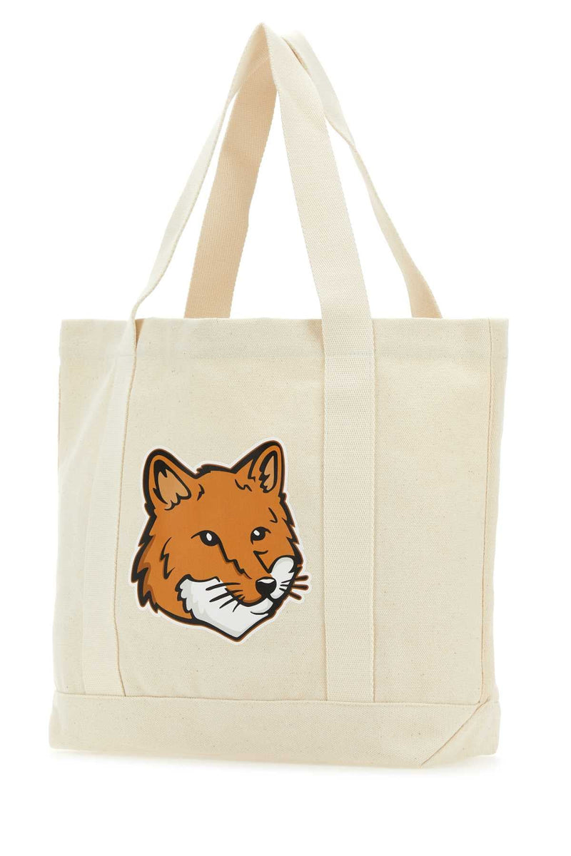 Maison Kitsuné Fox Head Embroidered Canvas Tote Bag — Beige Exterior = Cotton