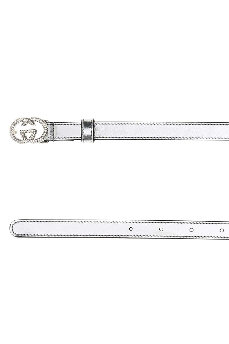 Gucci Crystal-Embellished Buckle Belt — Silver Calf Skin